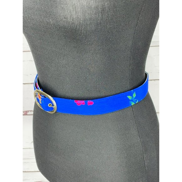 Blue Floral Print Oval Silver Buckle Style Women’s Belt‎ Art Deco Oriental - Picture 6 of 9